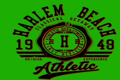 HARLEM BEACH  GREEN  BACKGROUND ON A RED  T_SHIRT